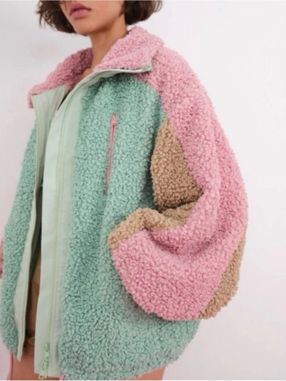 For Love And Lemons Pastel Colorblock Teddy Jacket - Mint, Pink & Tan